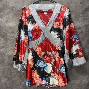 Y2K Allison Talyor Babydoll Kimono Top Womens L Red Asian Floral Satin Tie Back